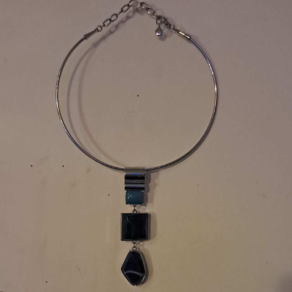 Silver-Tone Pendant Choker Necklace with Blue and Teal Stones